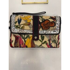 Sakroots Bird Floral Print Wristlet Wallet Cream Multi Color Metallic Mesh Trim